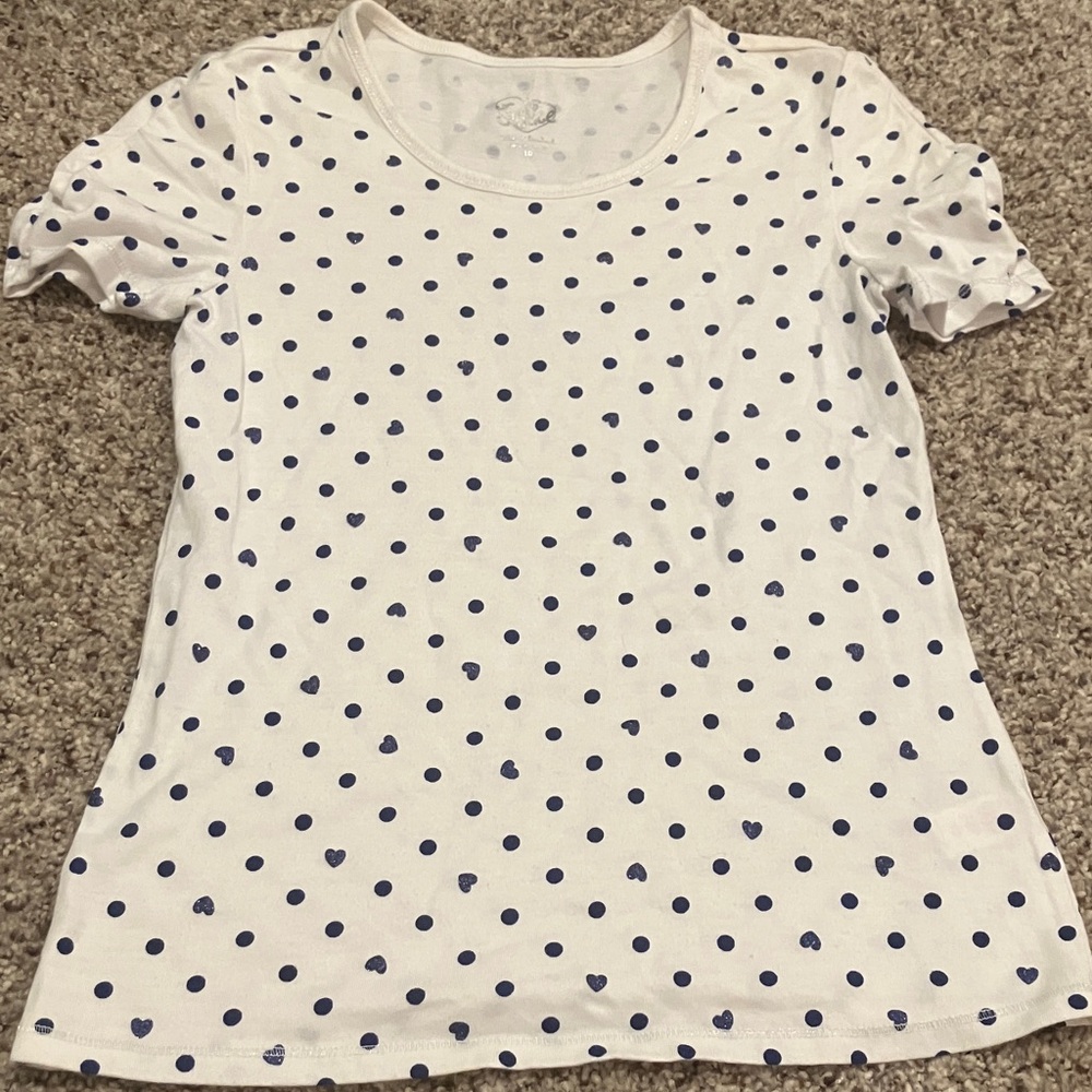 Justice Girls Size 10 White with Blue Polka Dot Heart Tee